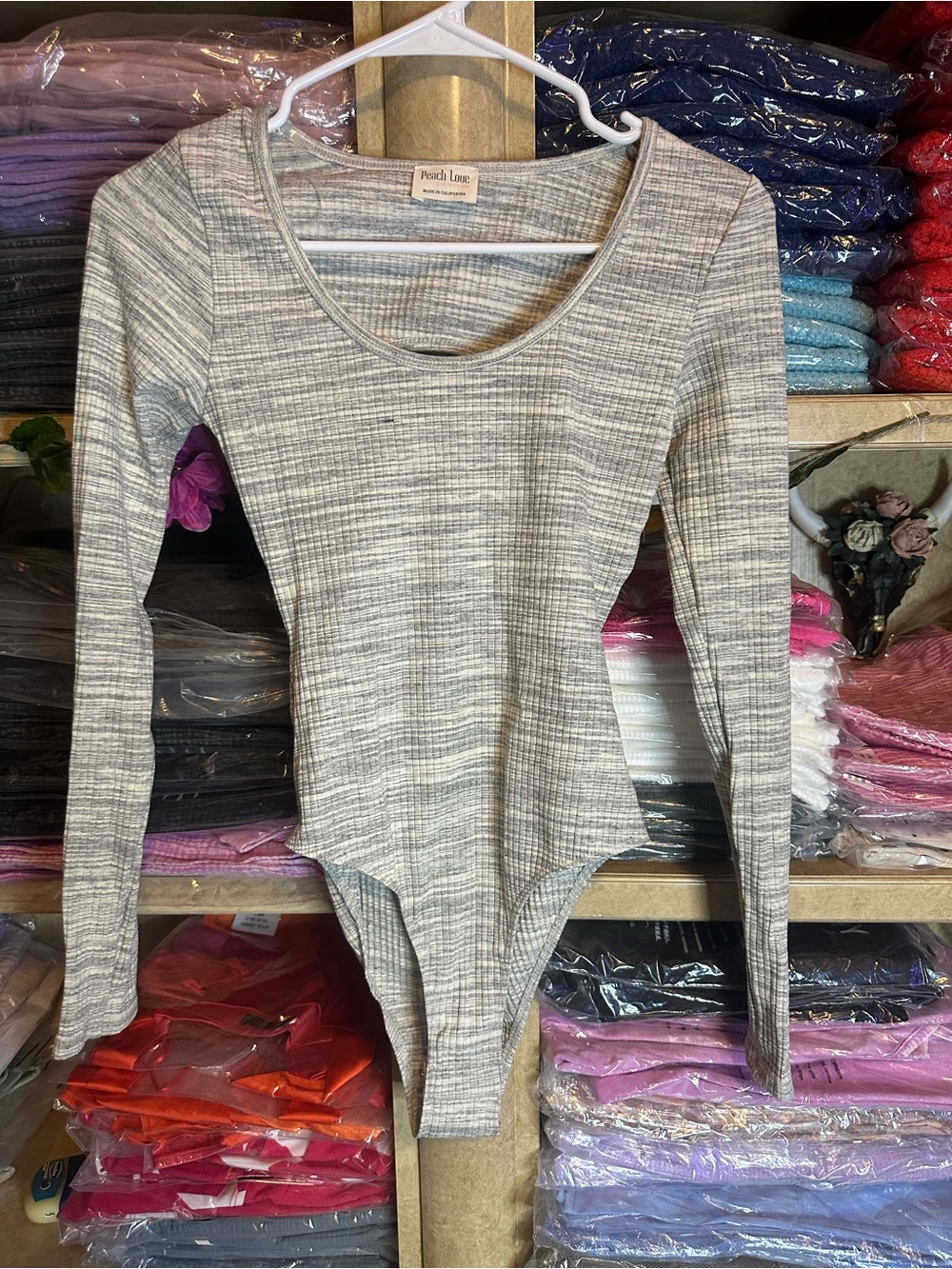 Peach Love California Heathered Light Beige Ribbed Long-Sleeve Bodysuit